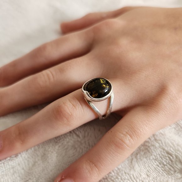 Sterling Silver and Green Amber Ring. Worn Once. Size 5 Adjustable - Picture 7 of 8